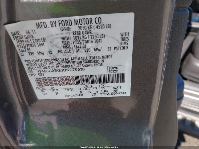 2011 Ford Escape Limited VIN: 1FMCU0EG3BKC70530 Lot: 43390188