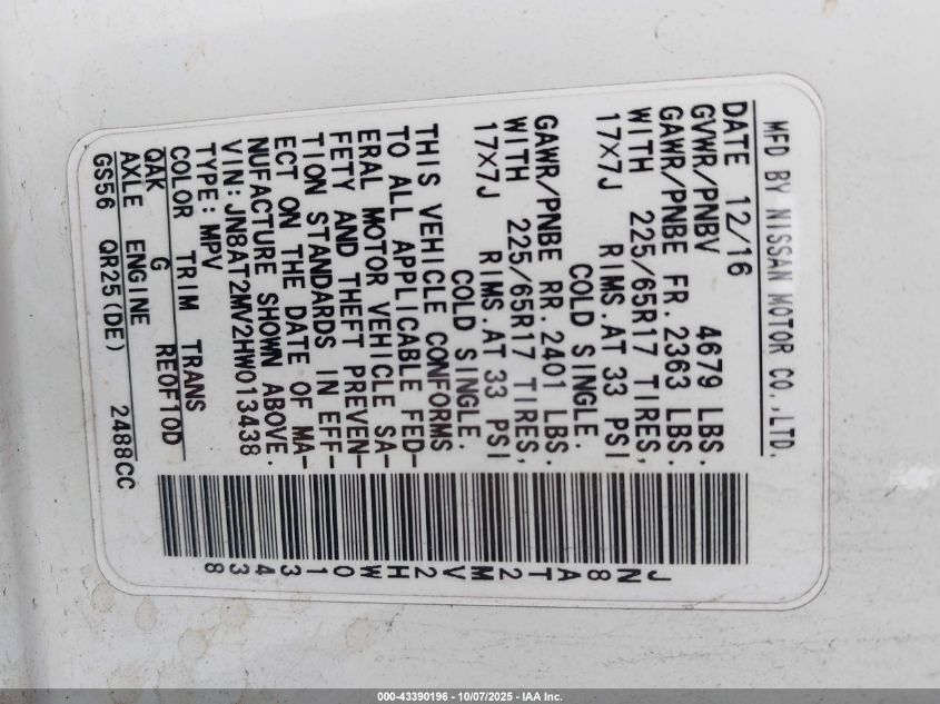 2017 Nissan Rogue S VIN: JN8AT2MV2HW013438 Lot: 43390196