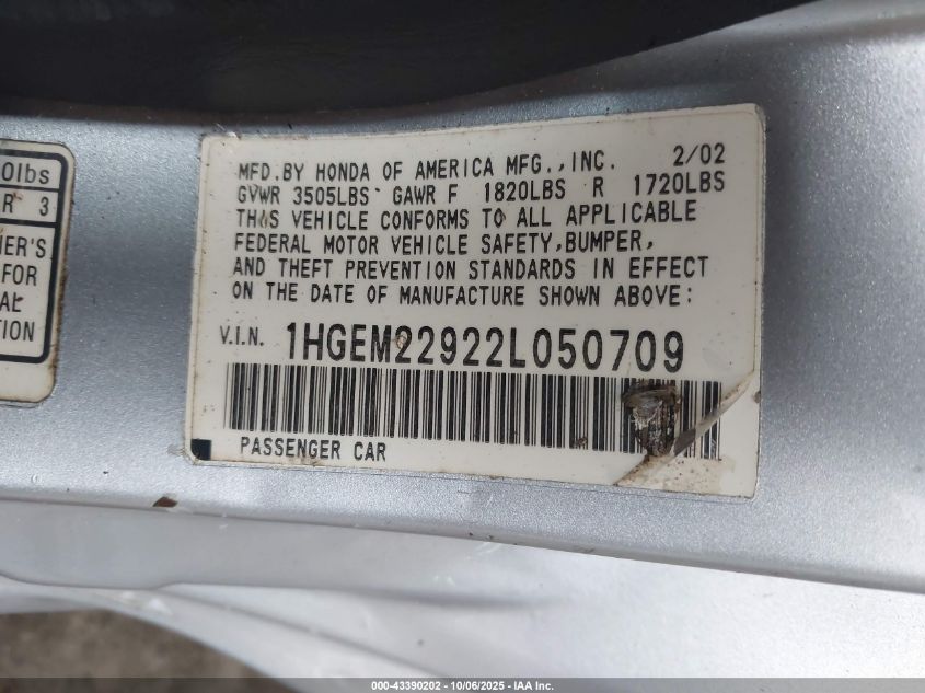 2002 Honda Civic Ex VIN: 1HGEM22922L050709 Lot: 43390202