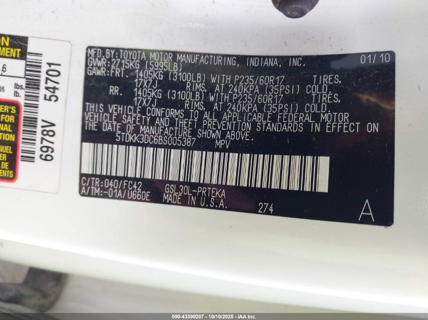 2011 Toyota Sienna Le V6 VIN: 5TDKK3DC6BS005387 Lot: 43390207