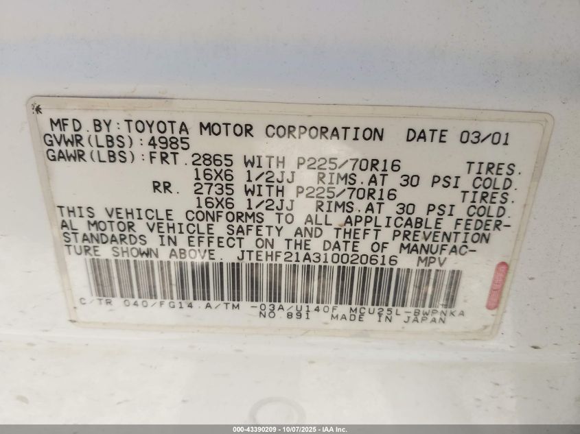 2001 Toyota Highlander V6 VIN: JTEHF21A310020616 Lot: 43390209