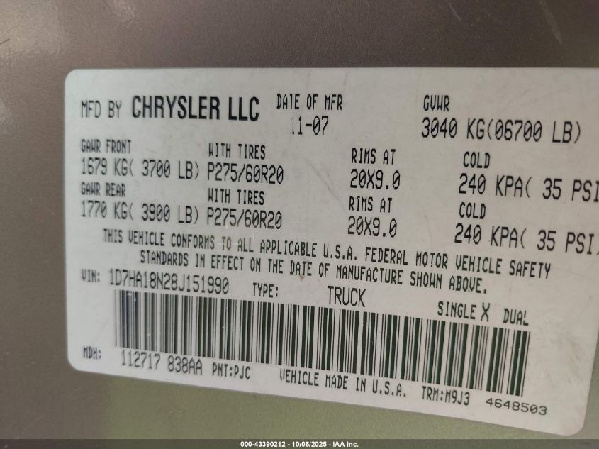 2008 Dodge Ram VIN: 1D7HA18N281151990 Lot: 43390212
