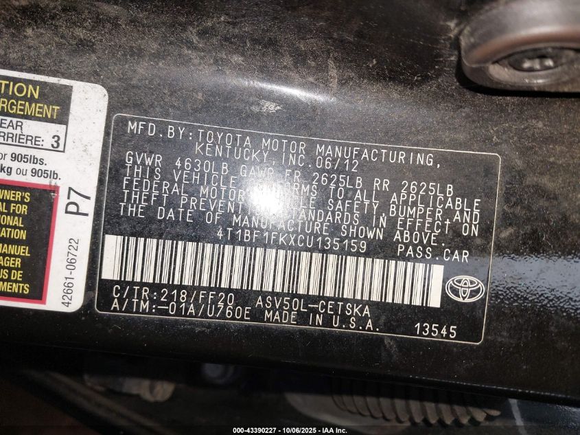 2012 Toyota Camry Se VIN: 4T1BF1FKXCU135159 Lot: 43390227