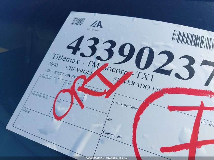 2000 Chevrolet Silverado 1500 Ls VIN: 2GCEC19V7Y1205882 Lot: 43390237