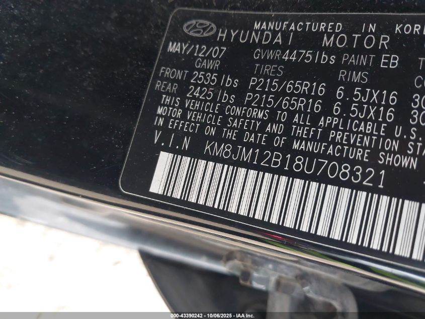 2008 Hyundai Tucson Gls VIN: KM8JM12B18U708321 Lot: 43390242