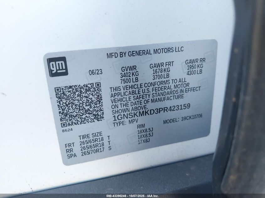 2023 Chevrolet Tahoe 4Wd Ls VIN: 1GNSKMKD3PR423159 Lot: 43390246