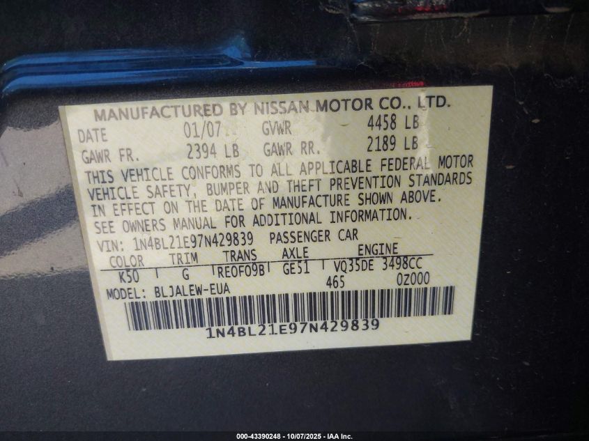 2007 Nissan Altima 3.5 Sl VIN: 1N4BL21E97N429839 Lot: 43390248