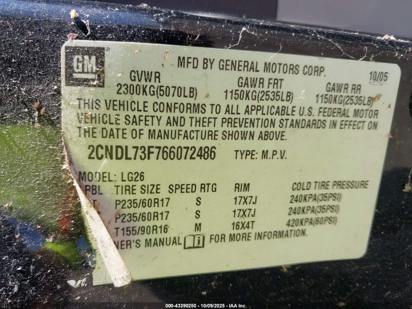 2006 Chevrolet Equinox Lt VIN: 2CNDL73F766072486 Lot: 43390250