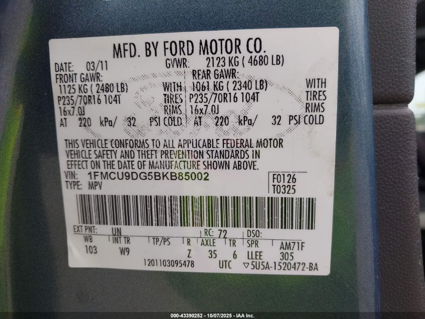 2011 Ford Escape Xlt VIN: 1FMCU9DG5BKB85002 Lot: 43390252