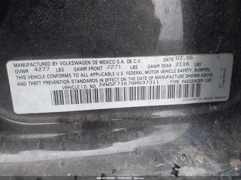 2006 Volkswagen Jetta 2.5 VIN: 3VWSF71K76M637311 Lot: 43390258