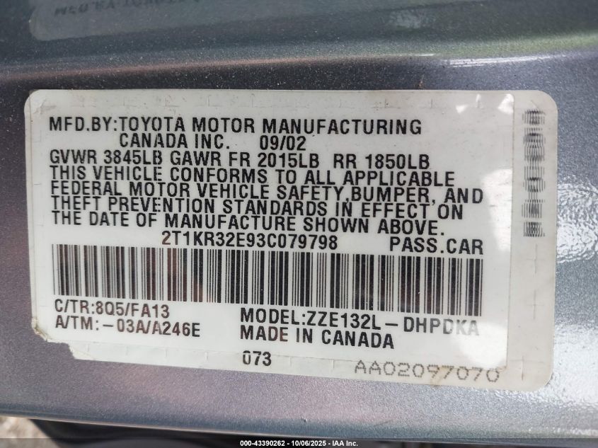 2003 Toyota Matrix Standard VIN: 2T1KR32E93C079798 Lot: 43390262