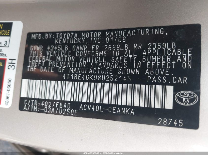 2008 Toyota Camry Le VIN: 4T1BE46K98U252145 Lot: 43390268