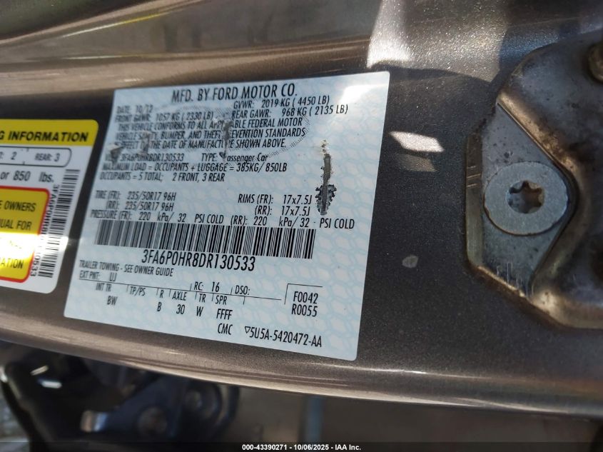 2013 Ford Fusion Se VIN: 3FA6P0HR8DR130533 Lot: 43390271