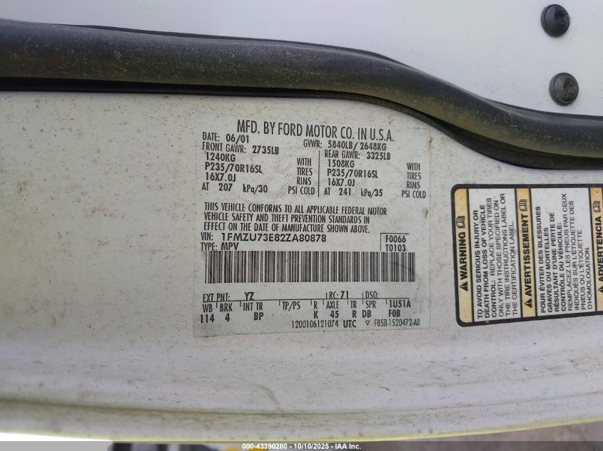 2002 Ford Explorer Xlt VIN: 1FMZU73E82ZA80878 Lot: 43390280