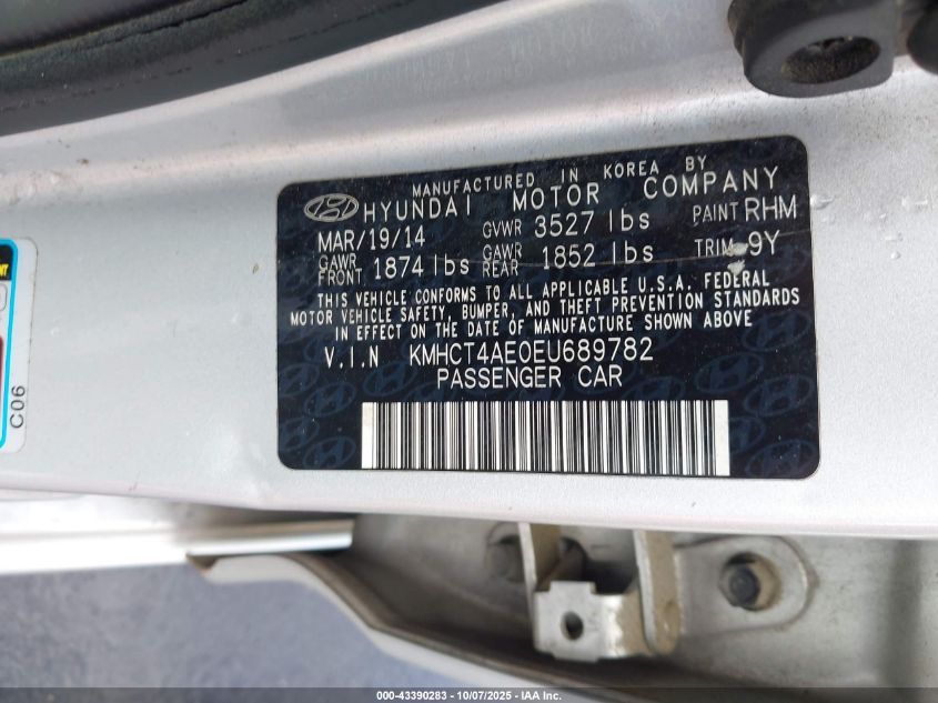 2014 Hyundai Accent Gls VIN: KMHCT4AE0EU689782 Lot: 43390283