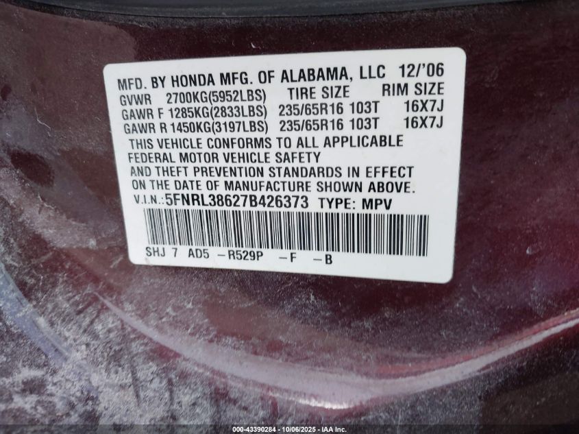 2007 Honda Odyssey Ex-L VIN: 5FNRL38627B426373 Lot: 43390284