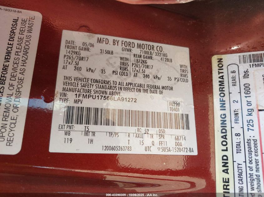 2006 Ford Expedition Eddie Bauer/King Ranch VIN: 1FMPU17566LA91272 Lot: 43390309