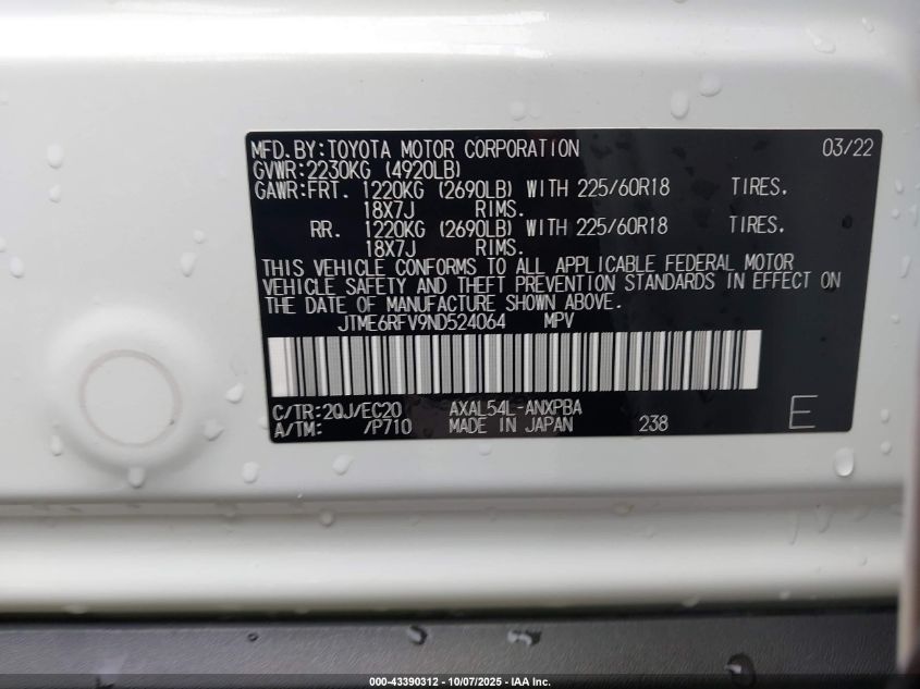 2022 Toyota Rav4 Hybrid Xse VIN: JTME6RFV9ND524064 Lot: 43390312