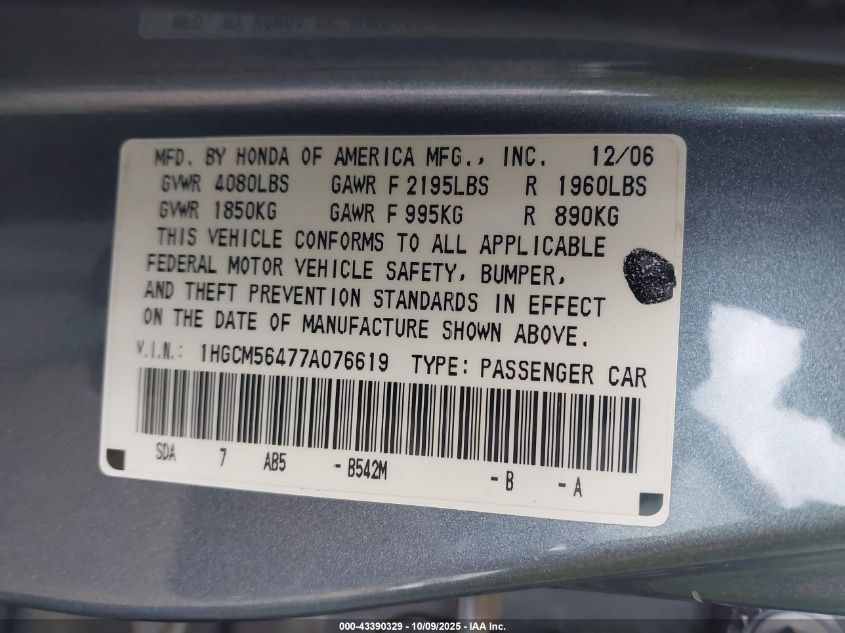 2007 Honda Accord 2.4 Lx VIN: 1HGCM56477A076619 Lot: 43390329