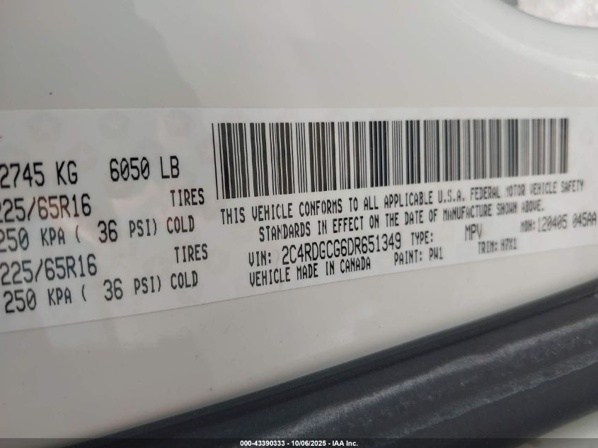 2013 Dodge Grand Caravan Sxt VIN: 2C4RDGCG6DR651349 Lot: 43390333