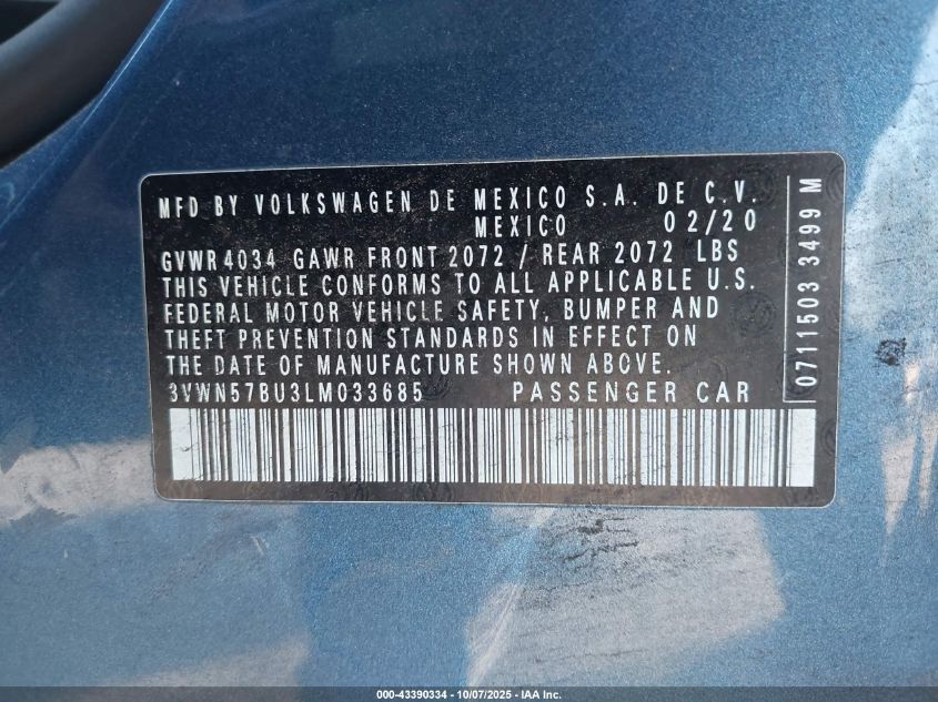 2020 Volkswagen Jetta 1.4T R-Line/1.4T S VIN: 3VWN57BU3LM033685 Lot: 43390334