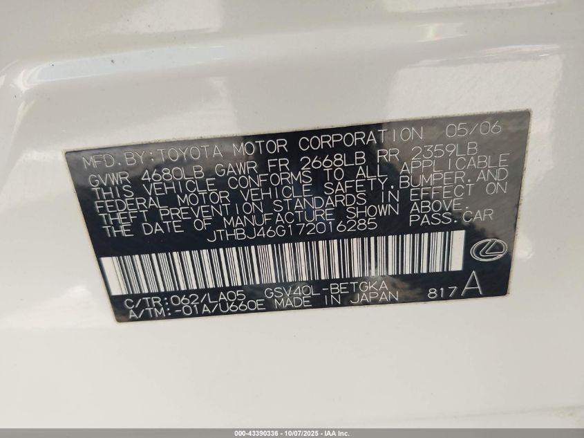 2007 Lexus Es 350 VIN: JTHBJ46G172016285 Lot: 43390336