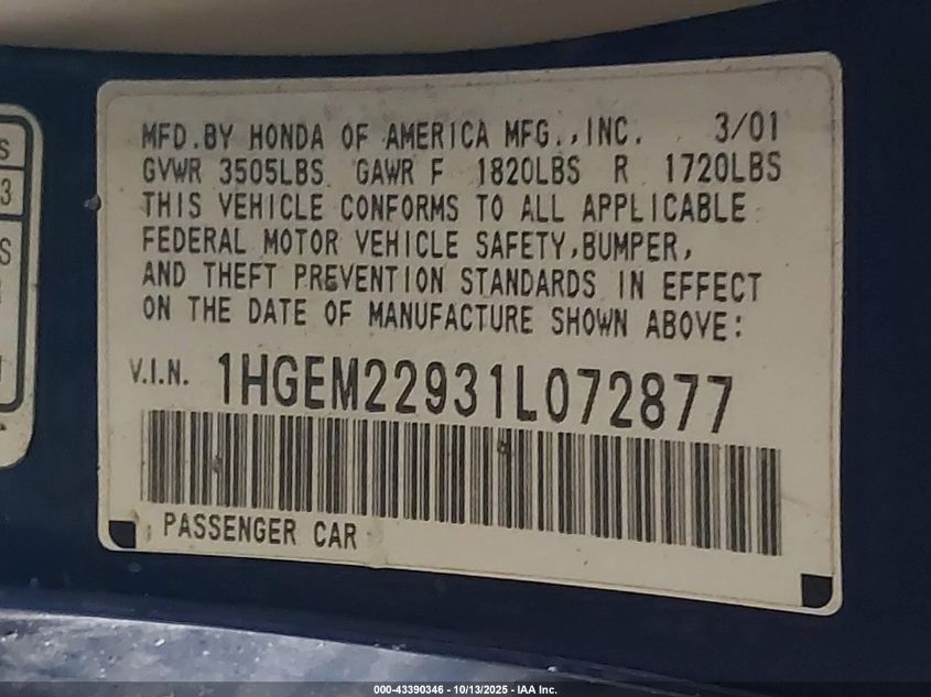 2001 Honda Civic Ex VIN: 1HGEM22931L072877 Lot: 43390346
