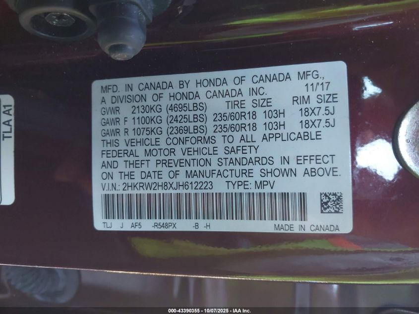 2018 Honda Cr-V Ex-L/Ex-L Navi VIN: 2HKRW2H8XJH612223 Lot: 43390355