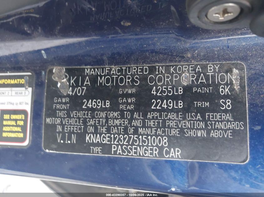 2007 Kia Optima Lx VIN: KNAGE123275151008 Lot: 43390357