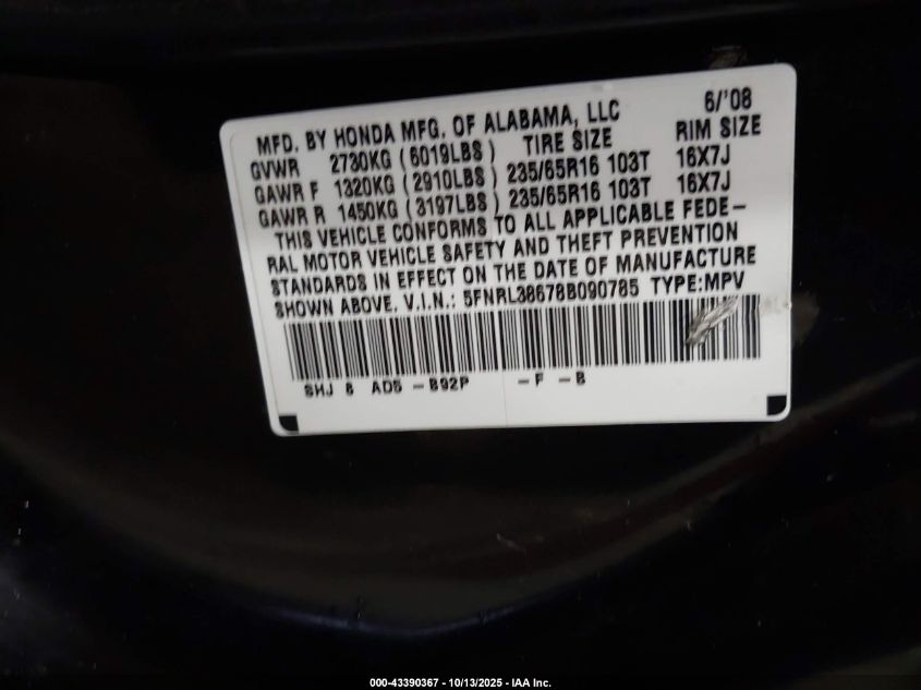 2008 Honda Odyssey Ex-L VIN: 5FNRL38678B090785 Lot: 43390367