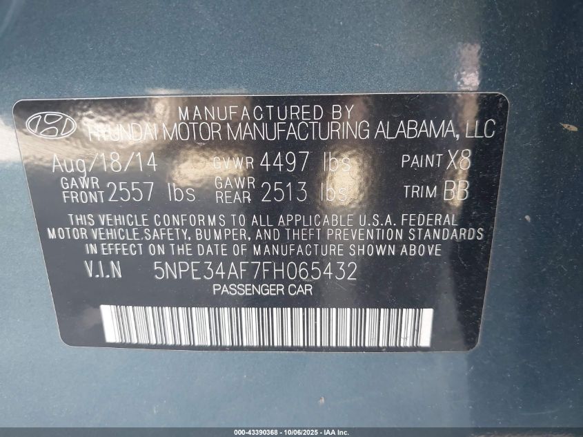 2015 Hyundai Sonata Sport VIN: 5NPE34AF7FH065432 Lot: 43390368