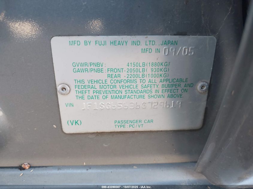 2006 Subaru Forester 2.5X VIN: JF1SG65636G729619 Lot: 43390387