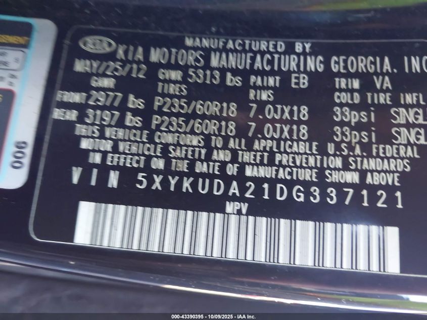 2013 Kia Sorento Ex V6 VIN: 5XYKUDA21DG337121 Lot: 43390395