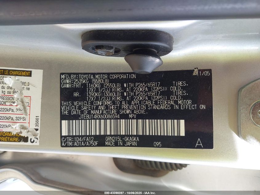 2006 Toyota 4Runner Sr5 V6 VIN: JTEBU14RX60086594 Lot: 43390397