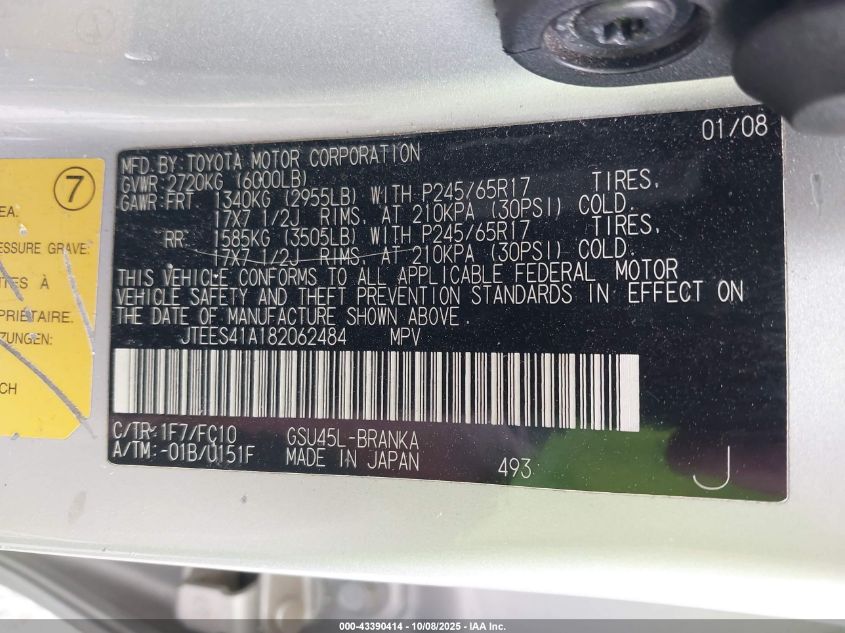 2008 Toyota Highlander VIN: JTEES41A182062484 Lot: 43390414