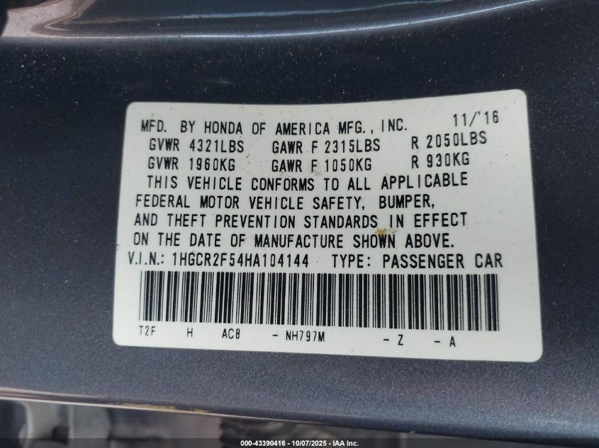 2017 Honda Accord Sport VIN: 1HGCR2F54HA104144 Lot: 43390416