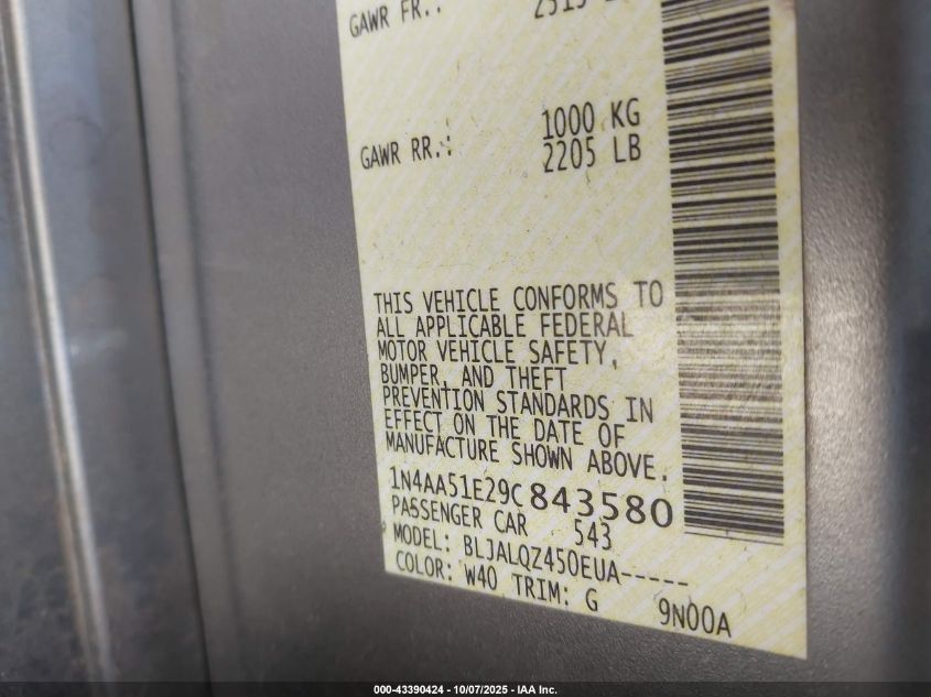 2009 Nissan Maxima 3.5 S VIN: 1N4AA51E29C843580 Lot: 43390424