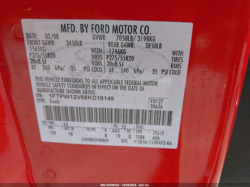 2008 Ford F-150 60Th Anniversary/Fx2/King Ranch/Lariat/Xlt VIN: 1FTPW12V68KD18149 Lot: 43390439