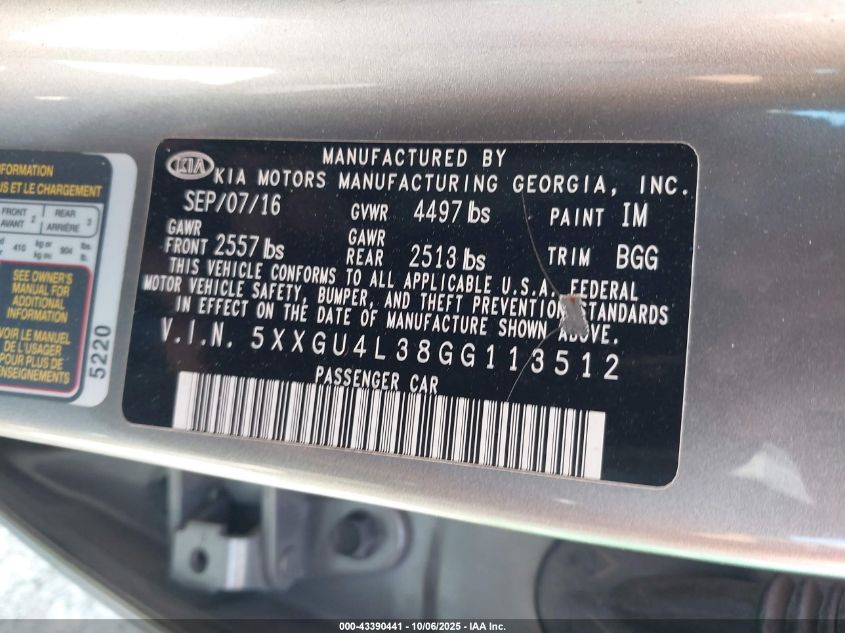 2016 Kia Optima Ex VIN: 5XXGU4L38GG113512 Lot: 43390441