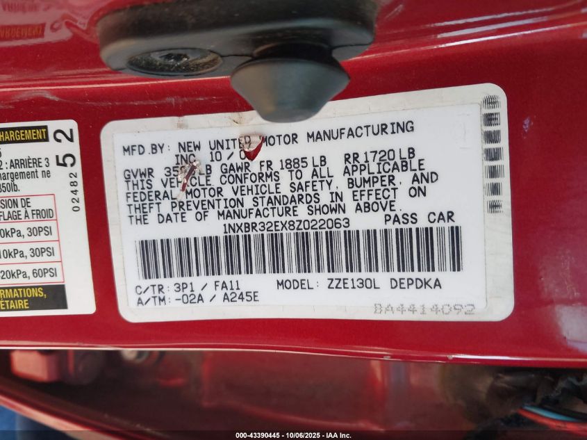 2008 Toyota Corolla Ce VIN: 1NXBR32EX8Z022063 Lot: 43390445