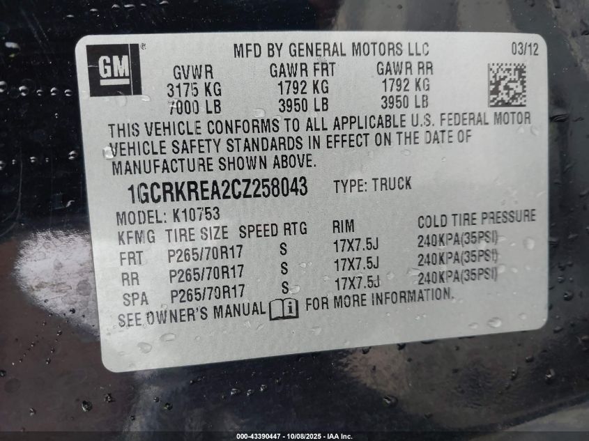 2012 Chevrolet Silverado 1500 Ls VIN: 1GCRKREA2CZ258043 Lot: 43390447