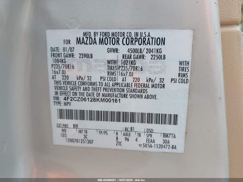 2008 Mazda Tribute S Touring VIN: 4F2CZ06128KM00161 Lot: 43390451