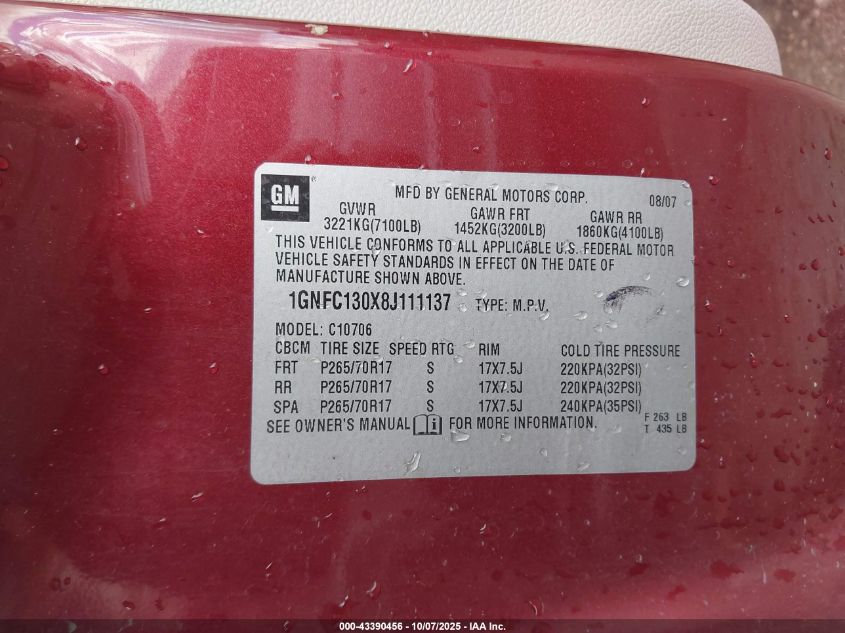 2008 Chevrolet Tahoe Lt VIN: 1GNFC130X8J111137 Lot: 43390456