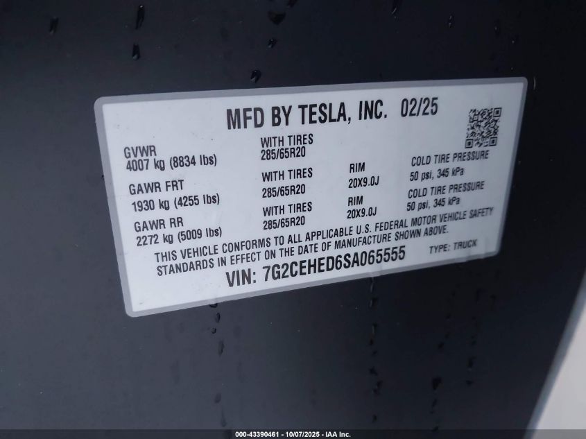 2025 Tesla Cybertruck VIN: 7G2CEHED6SA065555 Lot: 43390461
