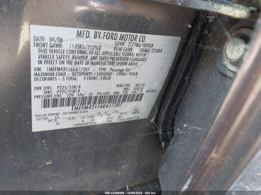 2006 Mercury Montego Premier VIN: 1MEFM42116G617207 Lot: 43390469