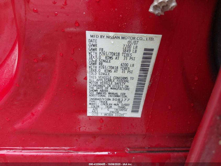 2008 Nissan Titan Xe VIN: 1N6BA07F58N308177 Lot: 43390485