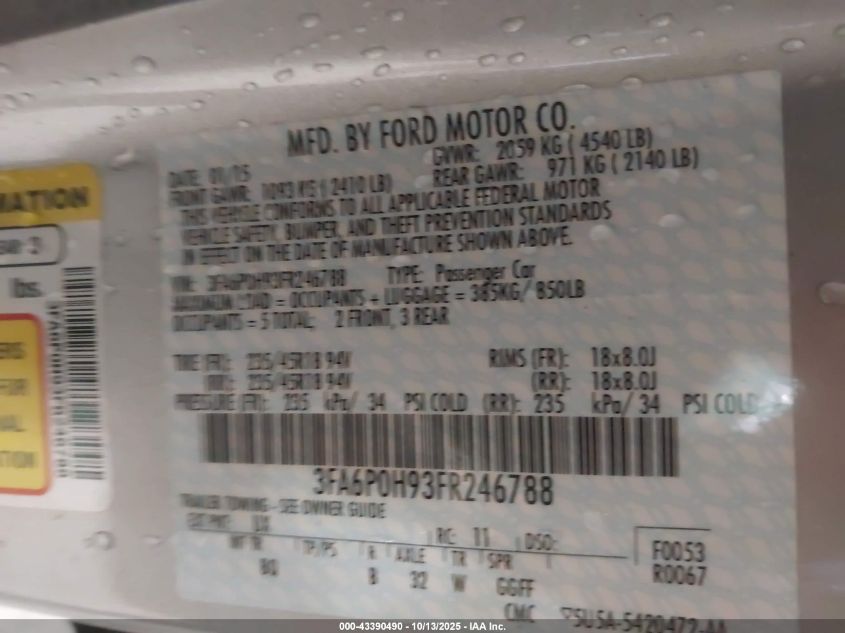 2015 Ford Fusion Se VIN: 3FA6P0H93FR246788 Lot: 43390490