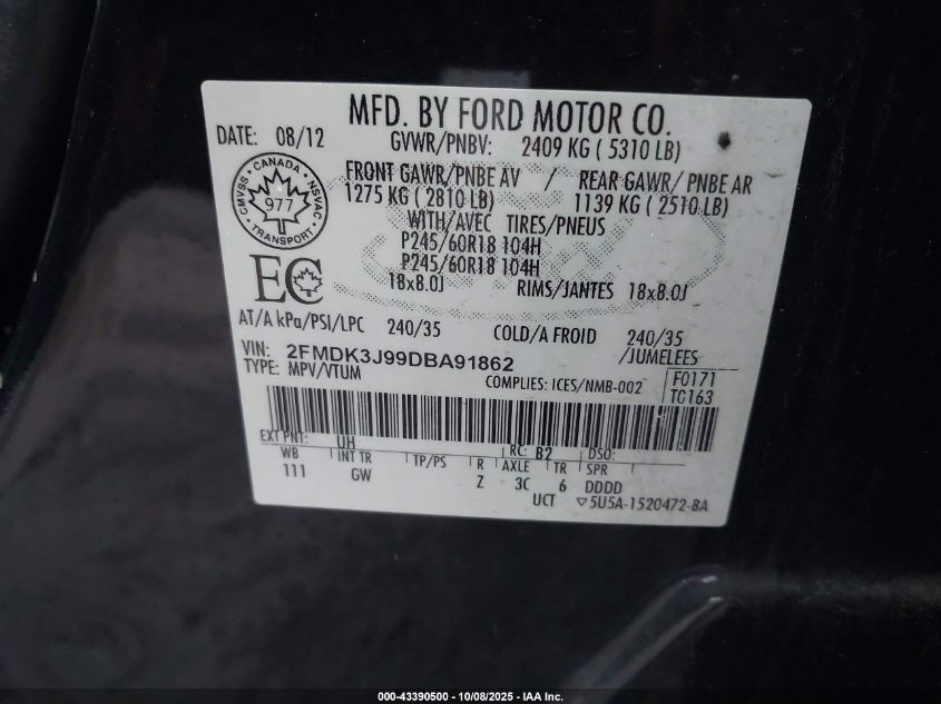 2013 Ford Edge Sel VIN: 2FMDK3J99DBA91862 Lot: 43390500