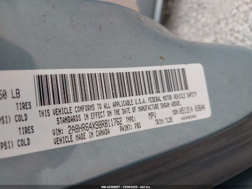 2008 Chrysler Town & Country Limited VIN: 2A8HR64X98R811762 Lot: 43390507