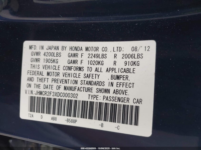 2013 Honda Accord Lx VIN: JHMCR2F3XDC000302 Lot: 43390509